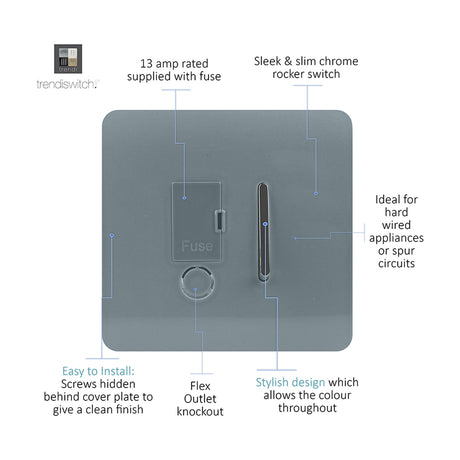 13A fused spur in cool grey with screwless square plate, chrome rocker switch, fuse cover, and flex outlet knockout, shown with labelled feature callouts.