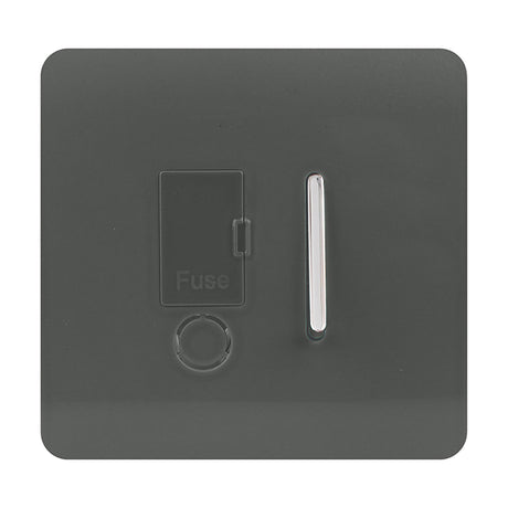13A fused spur in charcoal with screwless square plate, chrome rocker switch, fuse carrier flap and flex outlet, shown on a white background.