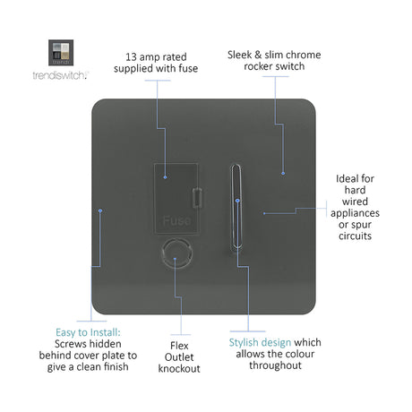 13A fused spur in charcoal with screwless square plate, chrome rocker switch, fuse carrier and flex outlet knockout, shown on a white background with labelled features.