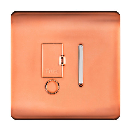 13A Fused Spur switch in copper with chrome rocker, fuse compartment and flex outlet, screwless square plate on a white background.