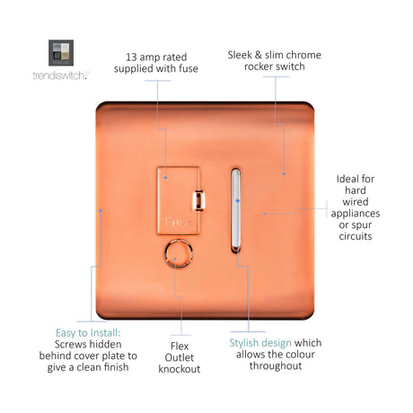 13A Fused Spur switch in copper finish with chrome rocker switch, fuse carrier, and flex outlet knockout on a screwless square plate.