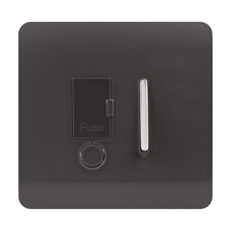 13A Fused Spur in dark brown with a screwless square plate, chrome rocker switch, flex outlet, and hinged fuse cover, shown on a plain white background.