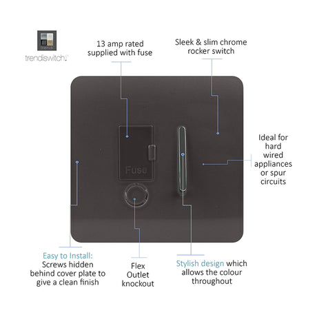 13A Fused Spur in dark brown with screwless square plate, chrome rocker switch, fuse carrier, and flex outlet, shown with labelled feature callouts on a white background.