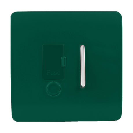 13A fused spur switch in dark green with screwless square plate, chrome rocker switch, flex outlet and fuse cover, shown on a plain white background.