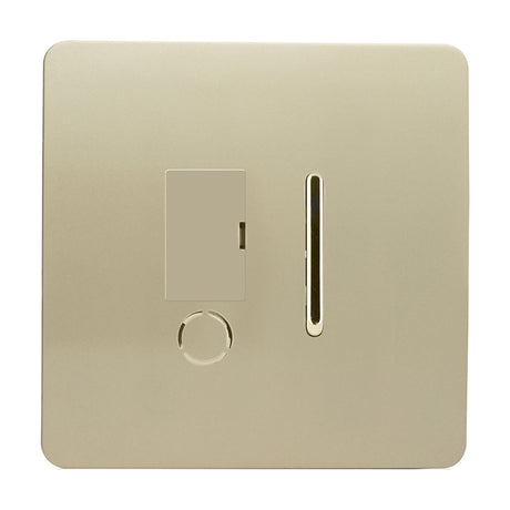 13A Fused Spur switch in champagne gold with a screwless square plate, chrome rocker switch, fuse carrier, and flex outlet, shown on a white background.