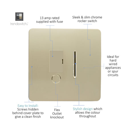 13A fused spur switch in champagne gold with chrome rocker, screwless square plate, fuse carrier, and flex outlet knockout, shown with labelled features on a white background.