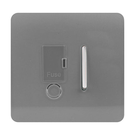 13A Fused Spur in light grey with chrome rocker switch, screwless square plate, fuse carrier and flex outlet, shown on a plain white background.