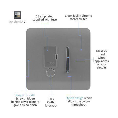 13A fused spur switch in light grey with chrome rocker, screwless square plate, fuse cover, and flex outlet knockout, shown on a white background.