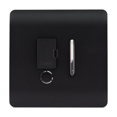 13A fused spur in matt black with a screwless square plate, chrome rocker switch, flex outlet cable exit, and fuse cover, shown on a plain white background.