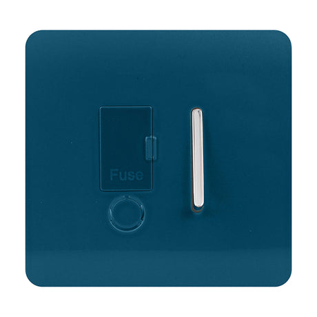 13A Fused Spur switch in midnight blue with screwless square plate, chrome rocker switch, hinged fuse cover, and chrome flex outlet, shown on a white background.