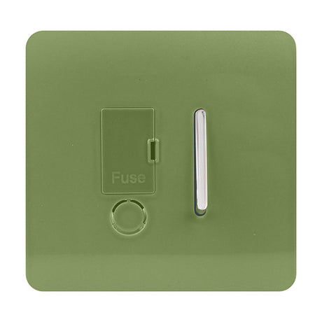 13A Fused Spur in moss green with screwless square plate, chrome rocker switch, fuse access flap, and flex outlet, shown on a plain white background.