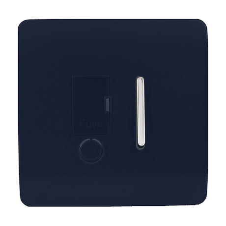 13A Fused Spur switch in navy blue with chrome rocker switch, hinged fuse cover, and flex outlet, screwless square plate on a white background.