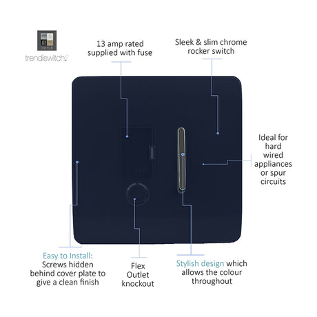 13A Fused Spur switch in navy blue with chrome rocker switch, fuse holder, and flex outlet knockout, screwless square plate on a white background.