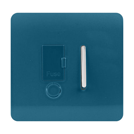 13A Fused Spur switch in ocean blue with screwless plate, chrome rocker switch, fuse carrier and flex outlet, shown on a plain white background.