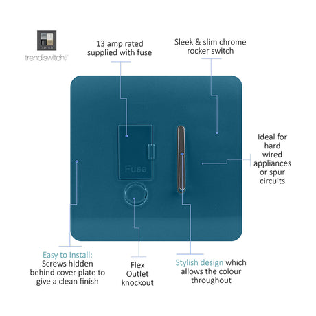 13A fused spur switch in ocean blue with chrome rocker switch, fuse carrier, and flex outlet knockout on a screwless plate.