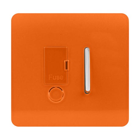 13A fused spur switch in orange with chrome rocker, screwless square plate, fuse carrier cover, and flex outlet, shown on a plain white background.