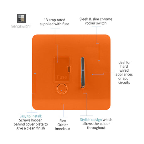 13A fused spur switch in orange with chrome rocker, screwless square plate, fuse cover and flex outlet knockout, on a plain white background.