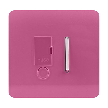 13A fused spur switch in pink with screwless square plate, chrome rocker switch, and hinged fuse compartment cover, shown on a white background.