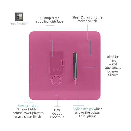13A Fused Spur in pink, screwless square plate with chrome rocker switch, fuse cover and flex outlet knockout, shown with labelled feature callouts on a white background.