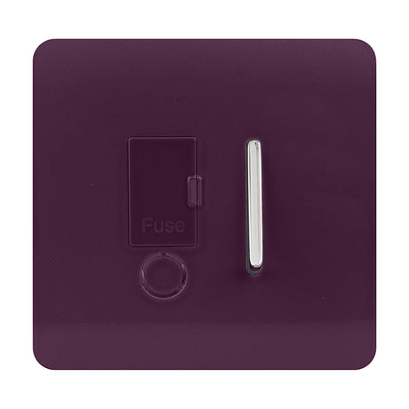 13A Fused Spur switch in plum with screwless square plate, chrome rocker switch, hinged fuse cover, and cable outlet, shown on a plain white background.