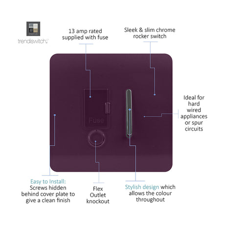 13A Fused Spur in plum with chrome rocker switch, fuse carrier, and flex outlet knockout on a screwless square plate, shown on a white background.