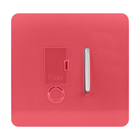 13A Fused Spur in strawberry red, screwless square plate with chrome rocker switch and flex outlet fuse cover, shown on a plain white background.