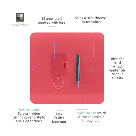 13A Fused Spur in Strawberry: screwless square plate with fuse cover, chrome rocker switch, and flex outlet knockout, on a plain white background.