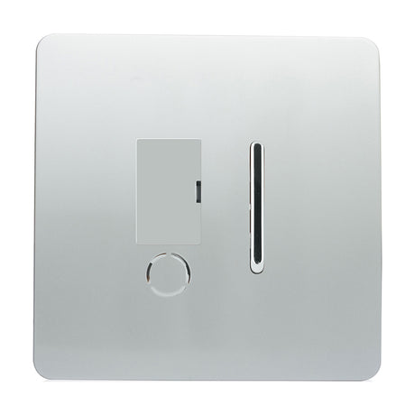 Screwless 13A fused spur in platinum silver with a flex outlet, chrome rocker switch, and neutral indicator, set on a square metal plate against a plain white background.