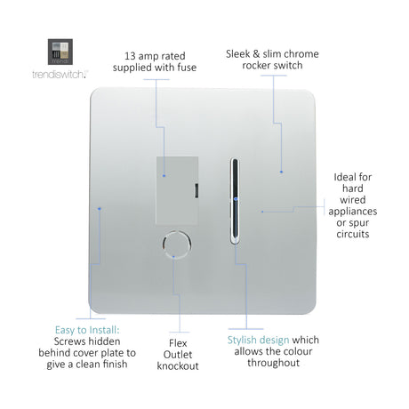 13A Fused Spur in platinum silver with screwless square plate, chrome rocker switch, fuse holder, and flex outlet knockout, shown with labelled feature callouts.