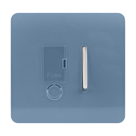 13A Fused Spur in sky blue with screwless square plate, chrome rocker switch, hinged fuse cover, and cable outlet, shown on a white background.