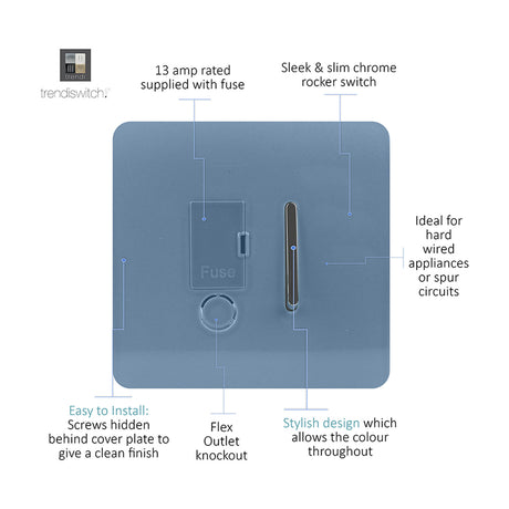 13A Fused Spur in Sky Blue with screwless square plate, chrome rocker switch, fuse carrier, and flex outlet knockout, labelled diagram on white background.