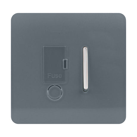 13A fused spur switch in warm grey with screwless plate, chrome rocker switch, fuse carrier marked "Fuse", and flex outlet, shown on a plain background.