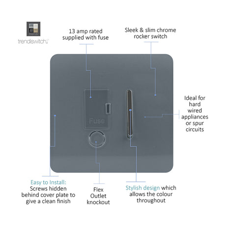 13A Fused Spur in warm grey with screwless plate, chrome rocker switch, fuse carrier and flex outlet knockout, shown with labelled feature callouts on a white background.