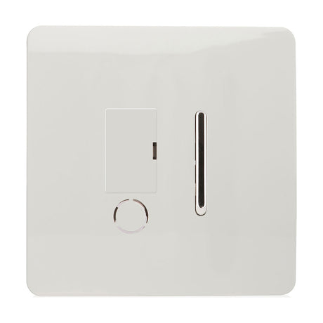 Screwless 13A fused spur switch in ice white, with a chrome-edged rocker switch, fuse carrier, and flex outlet on a square plate against a plain white background.