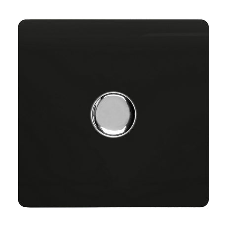 Square 1 Gang 2 Way Dimmer Switch in piano black gloss with a screwless plate and central round chrome knob, shown on a plain white background.