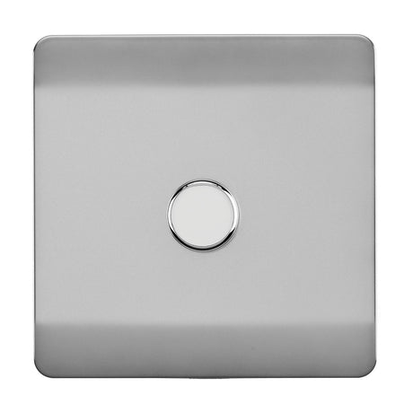 1 Gang 2 Way Dimmer Switch in brushed steel with a screwless square plate and central chrome rotary knob, shown on a plain white background.