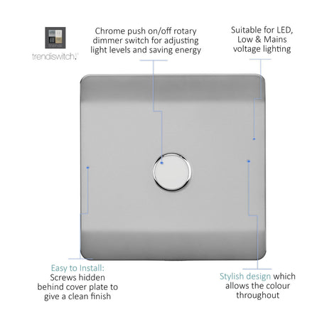1 Gang 2 Way Dimmer Switch in brushed steel with a round chrome push on/off rotary knob on a screwless square plate, shown on a white background with feature callouts.