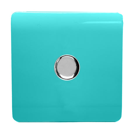 1 Gang 2 Way Dimmer Switch in bright teal with a screwless square plate and central chrome rotary knob, shown on a plain white background.