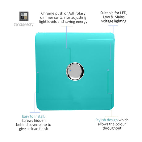 Square 1 gang 2 way rotary dimmer switch in bright teal with chrome push on/off knob and screwless plate, shown on a white background with feature callouts.