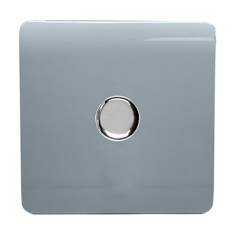 1 gang 2 way dimmer switch on a square, screwless cool grey plate with a central round chrome rotary control knob, shown on a plain white background.