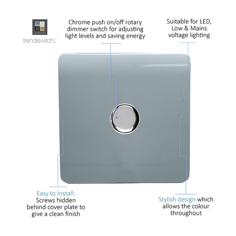 Square screwless 1 gang 2 way rotary dimmer switch in cool grey with a central chrome push on/off knob, shown with callouts on a white background.
