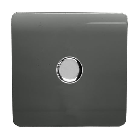 1 Gang 2 Way Dimmer Switch in charcoal with a screwless square plate and central chrome rotary knob, shown on a plain white background.