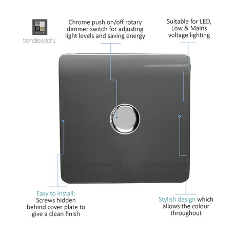 1 Gang 2 Way Dimmer Switch in charcoal with a screwless square plate and central chrome push on/off rotary knob, shown on a plain white background.