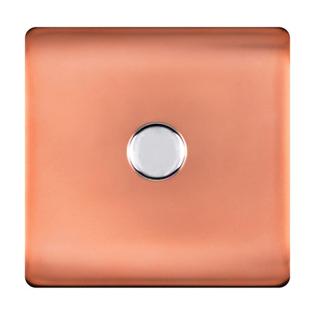 Square screwless 1 gang 2 way rotary dimmer switch in copper finish with central chrome knob, shown on a plain white background.