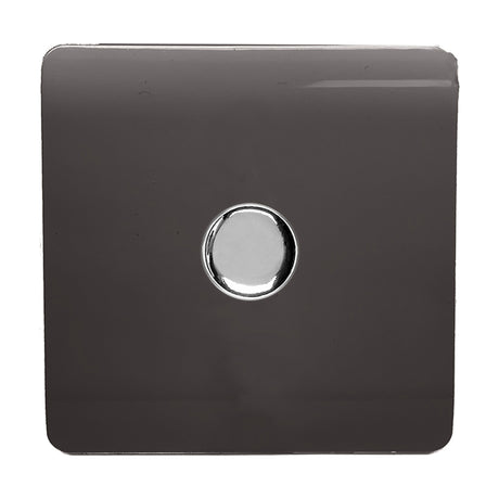 Square screwless 1 gang 2 way dimmer switch in dark brown with a central polished chrome rotary knob, shown on a plain white background.