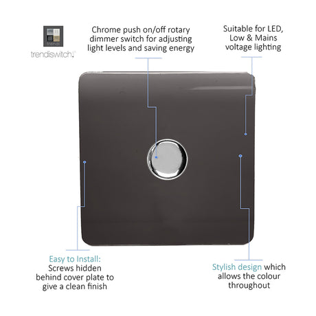 Screwless dark brown 1 gang 2 way rotary dimmer switch with central chrome push on/off knob, shown on a plain white background with feature callouts.