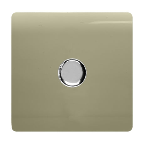1 Gang 2 Way Dimmer Switch in champagne gold with a screwless square plate and central chrome rotary knob, shown on a plain white background.