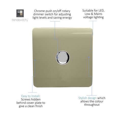 1 Gang 2 Way Dimmer Switch in champagne gold with a central chrome push on/off rotary knob on a flat screwless square plate, shown with feature callouts on a white background.