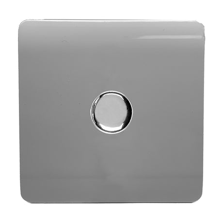 1 Gang 2 Way Dimmer Switch in light grey with a screwless square plate and central chrome rotary knob, shown on a plain background.