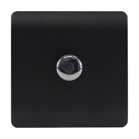 1 Gang 2 Way Dimmer Switch in matt black with a screwless square plate and central chrome rotary knob, shown on a plain white background.